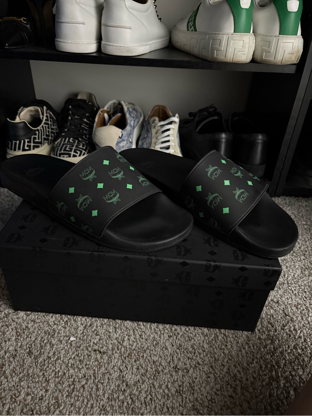 MCM Black Slide Sandals with Green Logo Print